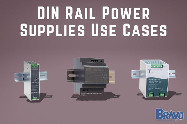 Title: DIN Rail Power Supplies Use Cases, dark background with 3 din rail power supplies below the title.