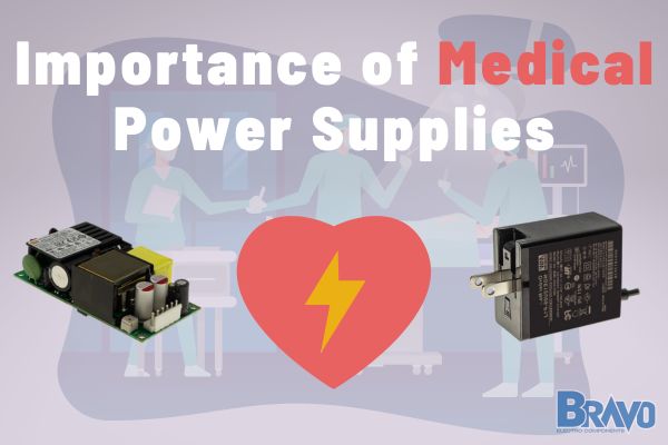 Title: Importance of Medical Power supplies. Image in background of a surgeons in surgery. Image below the title is a red heart with yellow electric bolt.