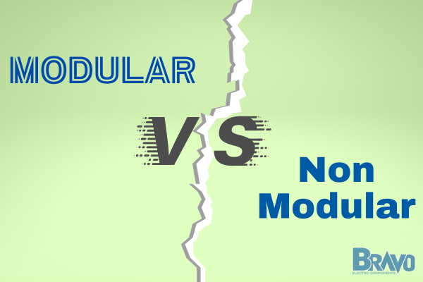 modular power supply vs non modular in blue lettering, with light green background