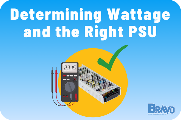 Title: Determining Wattage and the Right PSU at the top in big white lettering with a light blue background. Below is a yellow circle with a power supply, watt meter and green check mark.