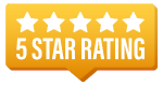 Yellow background with 5 white stars at the top, below the stars it says "5 Star Rating" in white lettering.